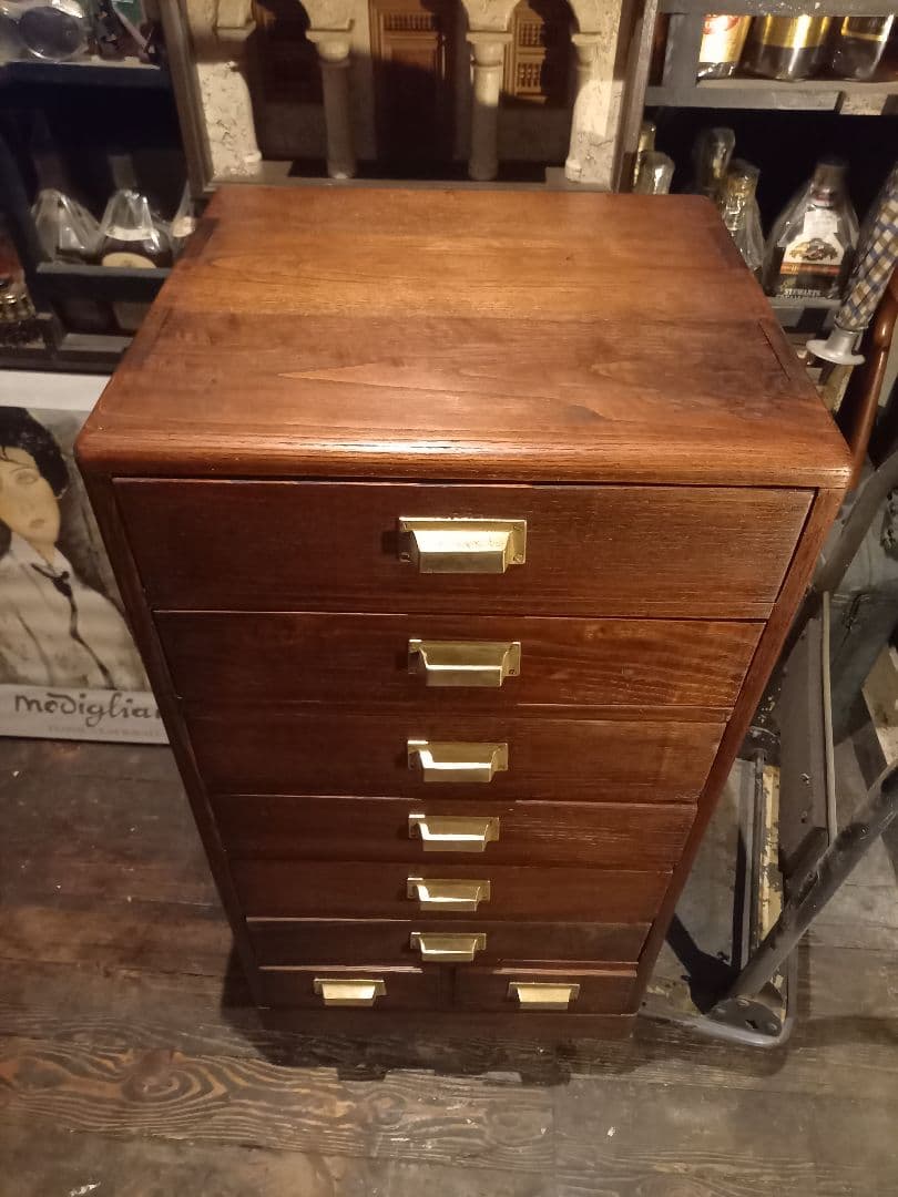 1950's　ヴィンテージ　ドロワー　欅　無垢材　継ぎ組み　細工　真鍮　金具