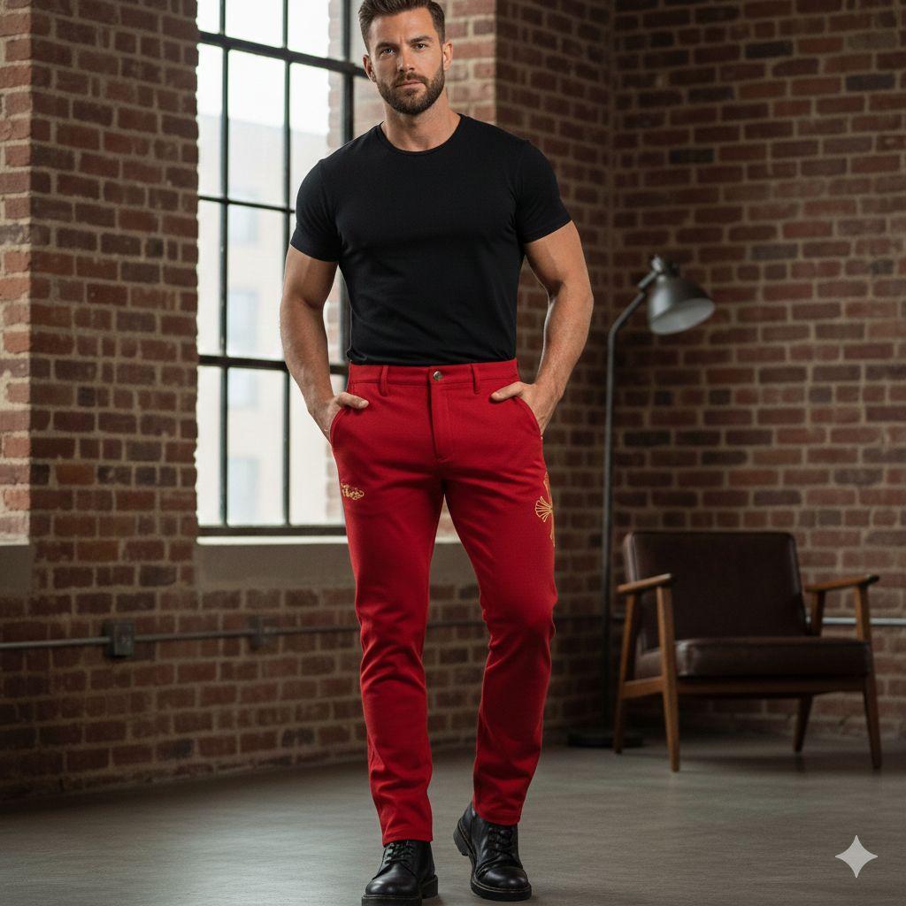 ​【定価3.4万】ダンスウィズドラゴン 豪華刺繍 ストレッチパンツ 4 XL 赤