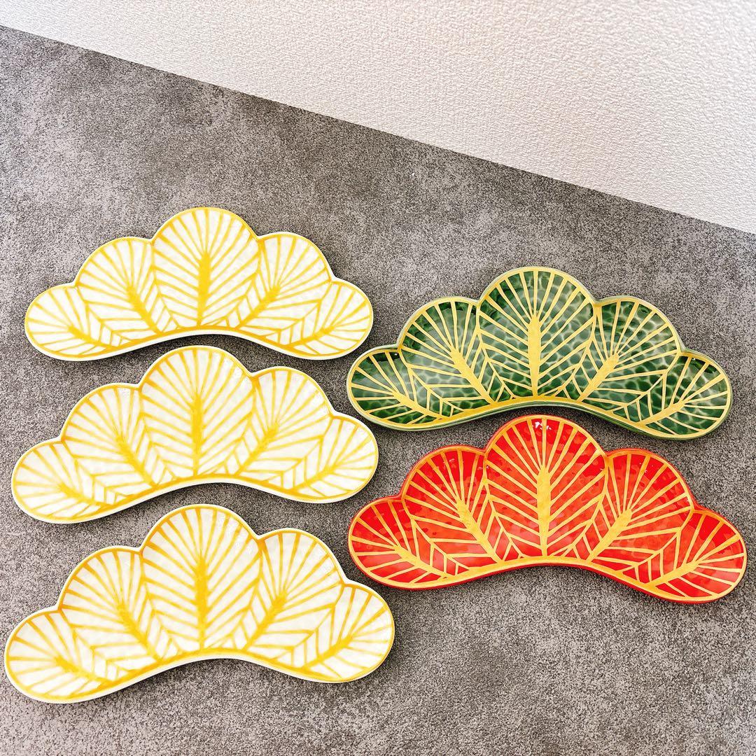 さるいぬきじご依頼品　幸楽窯　松葉形前菜皿　緑金　赤金　白金　5点セット