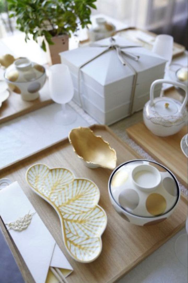 さるいぬきじご依頼品　幸楽窯　松葉形前菜皿　緑金　赤金　白金　5点セット