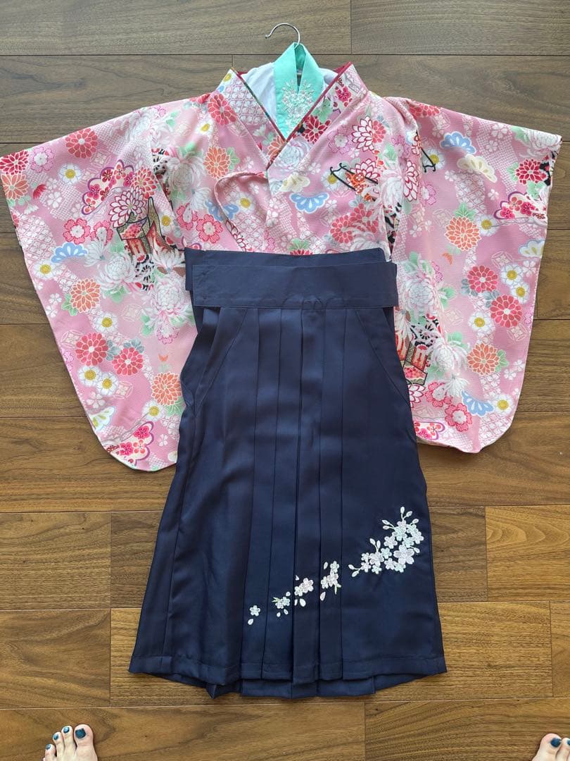 卒園式　簡単袴セット　いにしえ華車桃×紺袴　110センチ　おまけ付き