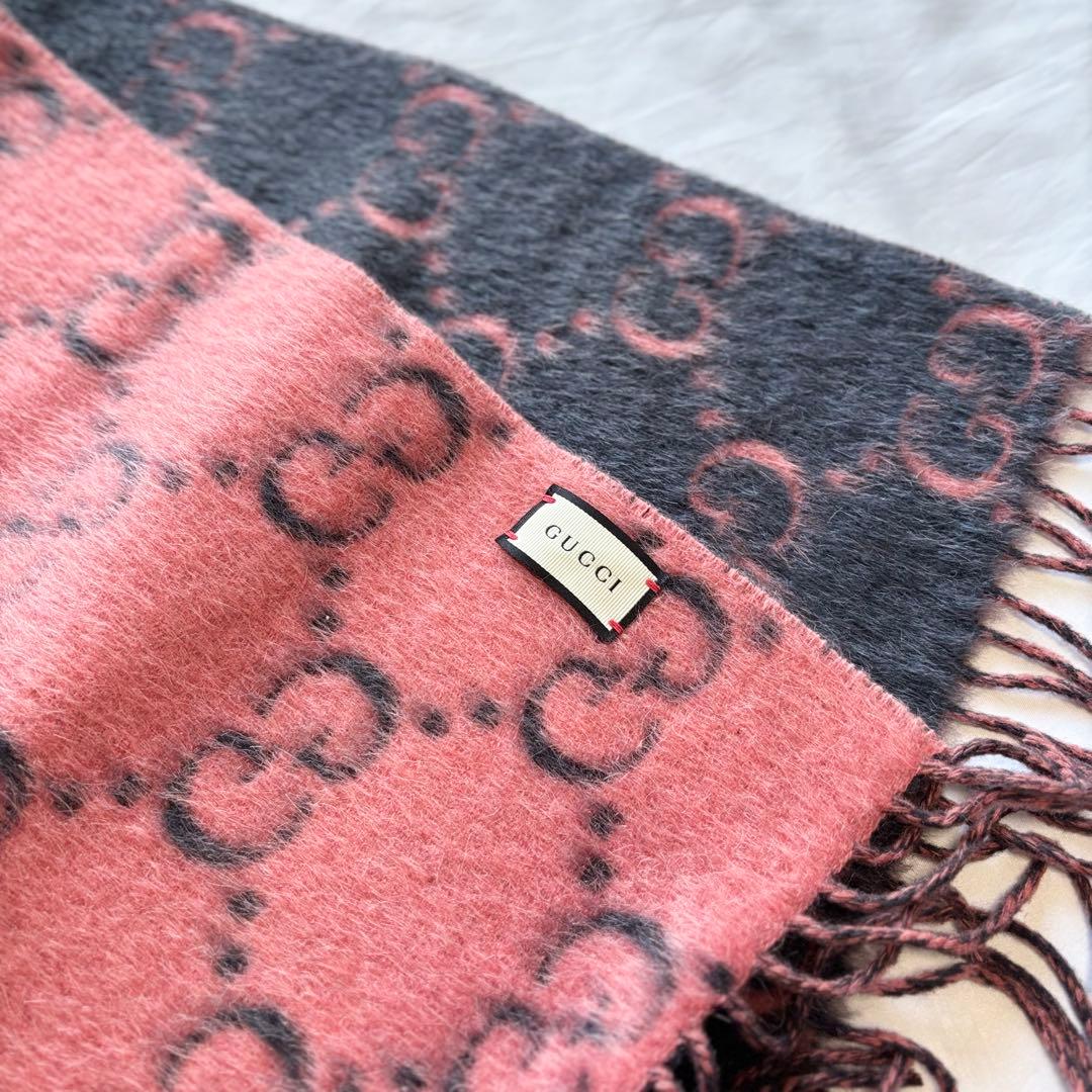 【極美品】　グッチ　マフラー　GG柄　アルパカ　リバーシブル　ピンク　グレー