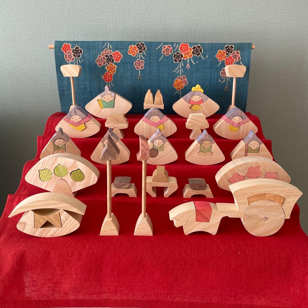 【希少】小黒三郎 円びな 五段飾り 組み木 雛人形　特製垂れ幕桜　大