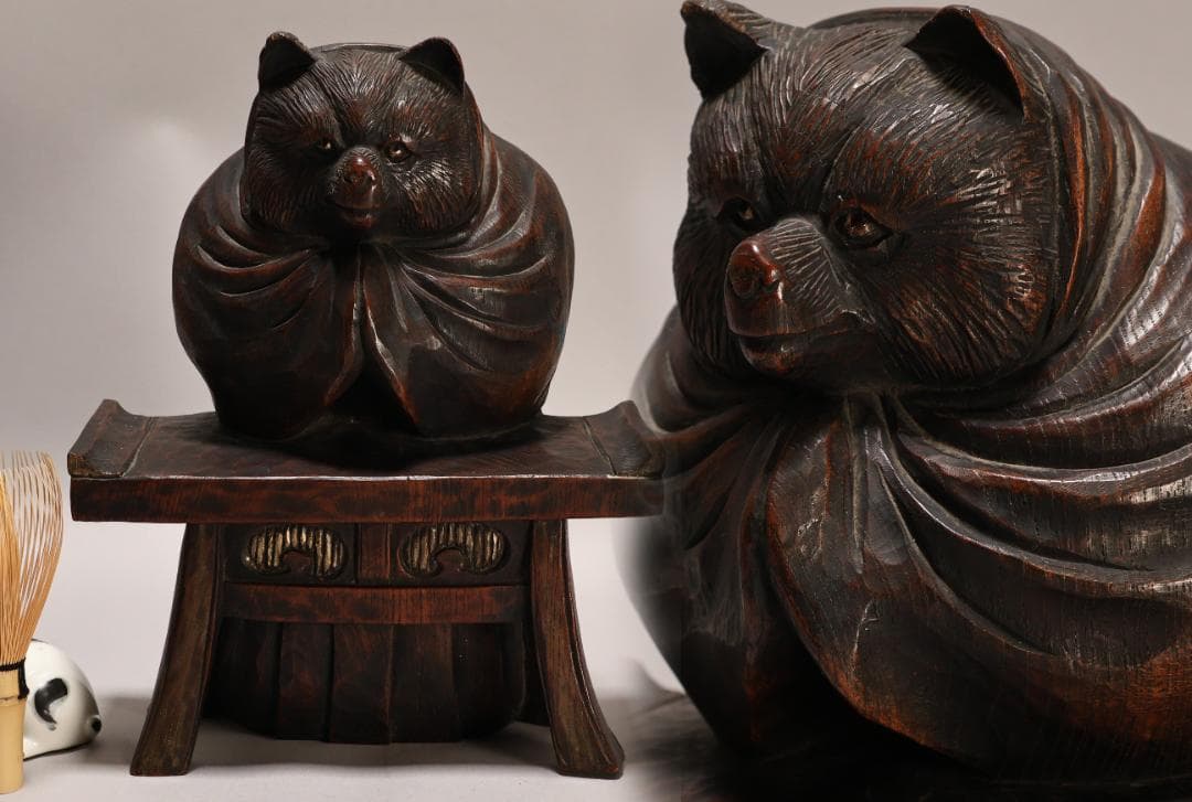 BK436　時代物　木彫　狸和尚 置物　高約26cm　昔話　分福茶釜