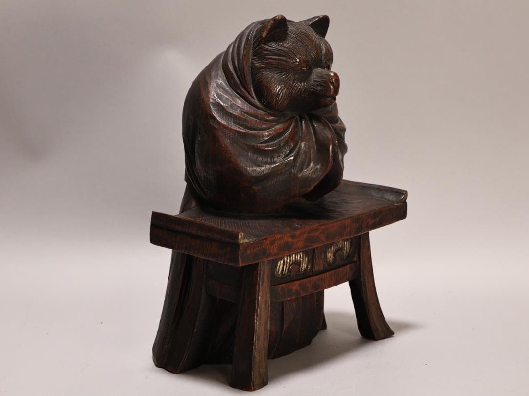 BK436　時代物　木彫　狸和尚 置物　高約26cm　昔話　分福茶釜