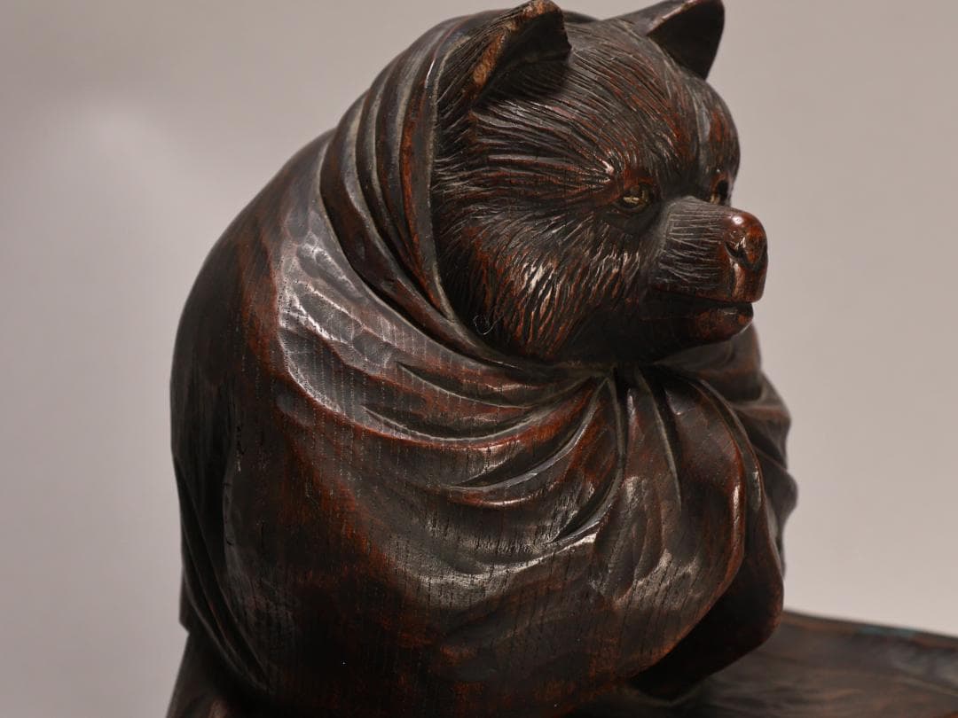 BK436　時代物　木彫　狸和尚 置物　高約26cm　昔話　分福茶釜