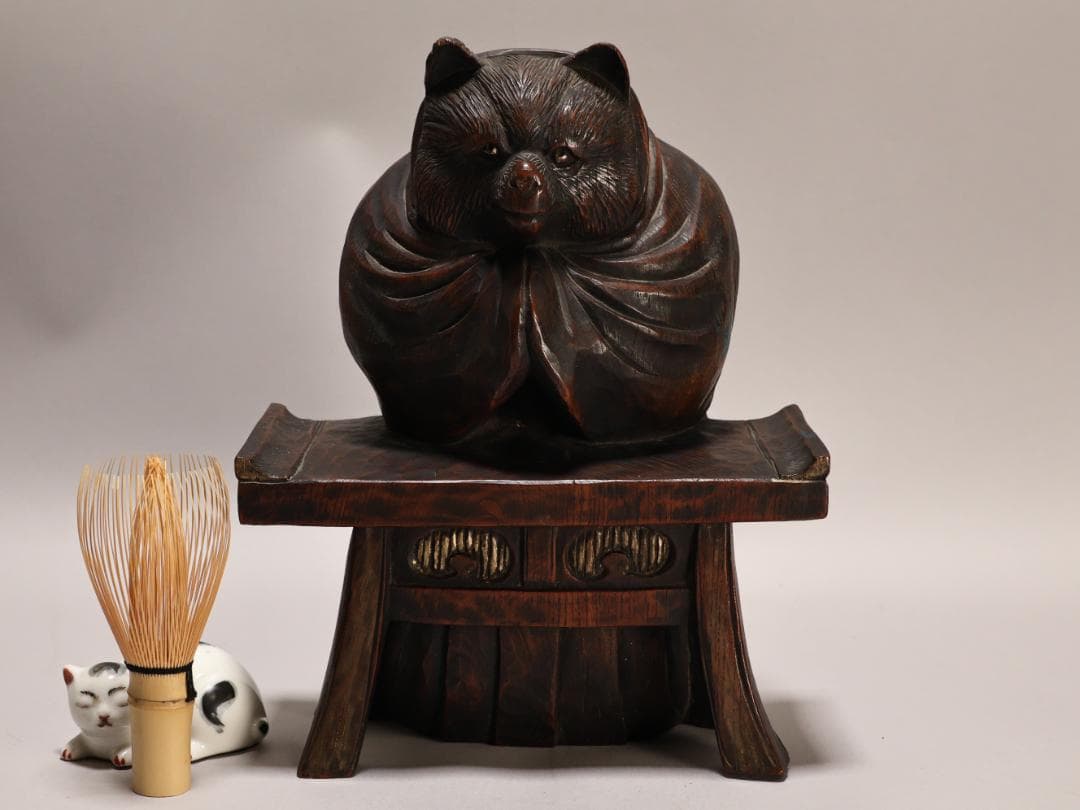 BK436　時代物　木彫　狸和尚 置物　高約26cm　昔話　分福茶釜