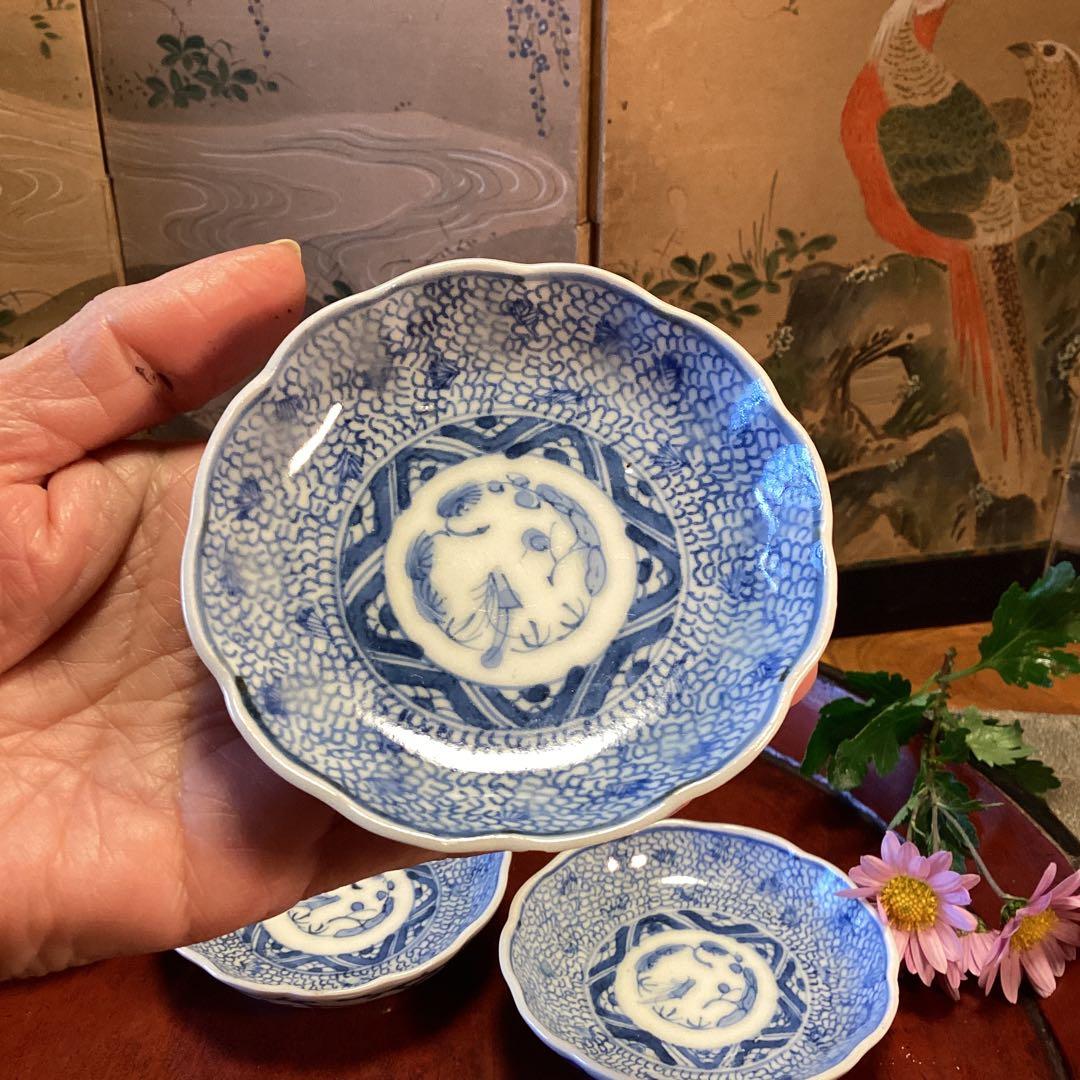 A1054 古伊万里、染付　微塵唐草　豆皿ちびちび　5枚セット