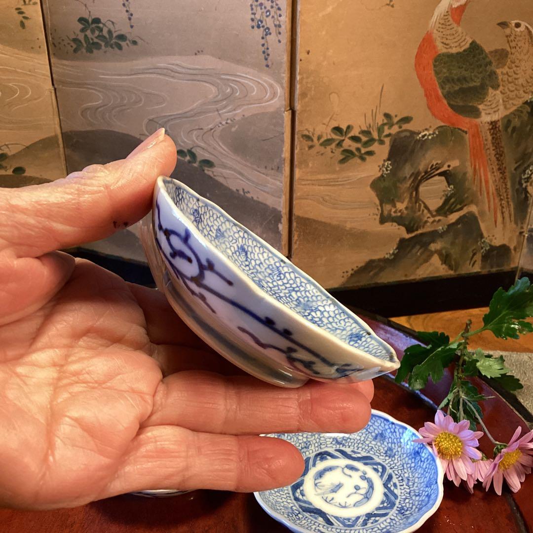 A1054 古伊万里、染付　微塵唐草　豆皿ちびちび　5枚セット