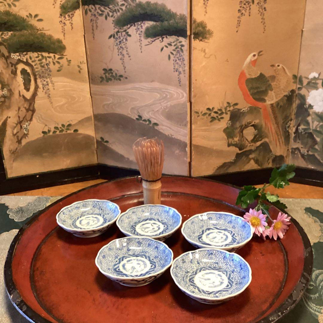 A1054 古伊万里、染付　微塵唐草　豆皿ちびちび　5枚セット