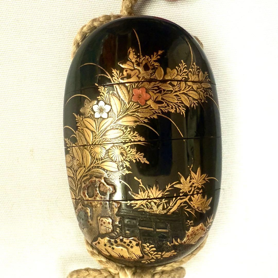 時代物　秋草蒔絵　象嵌細工　印籠　根付