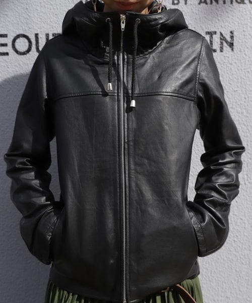 【antiqua】本革♡新感覚デザイン★フーデットレザージャケット【アンティカ】