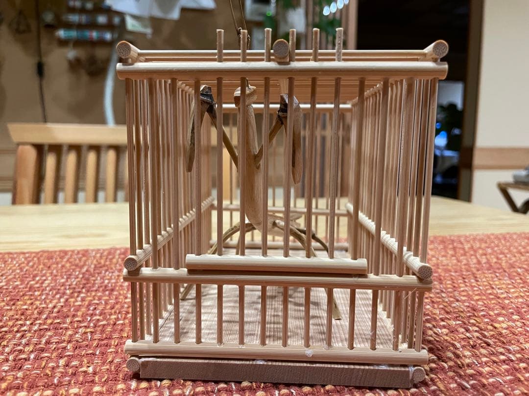 竹細工、虫籠に入ったカマキリ（竹製）