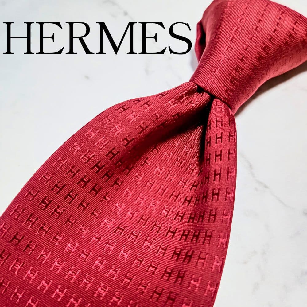 HERMES ネクタイ 赤 シルク ファソネ H柄 レッド 総柄