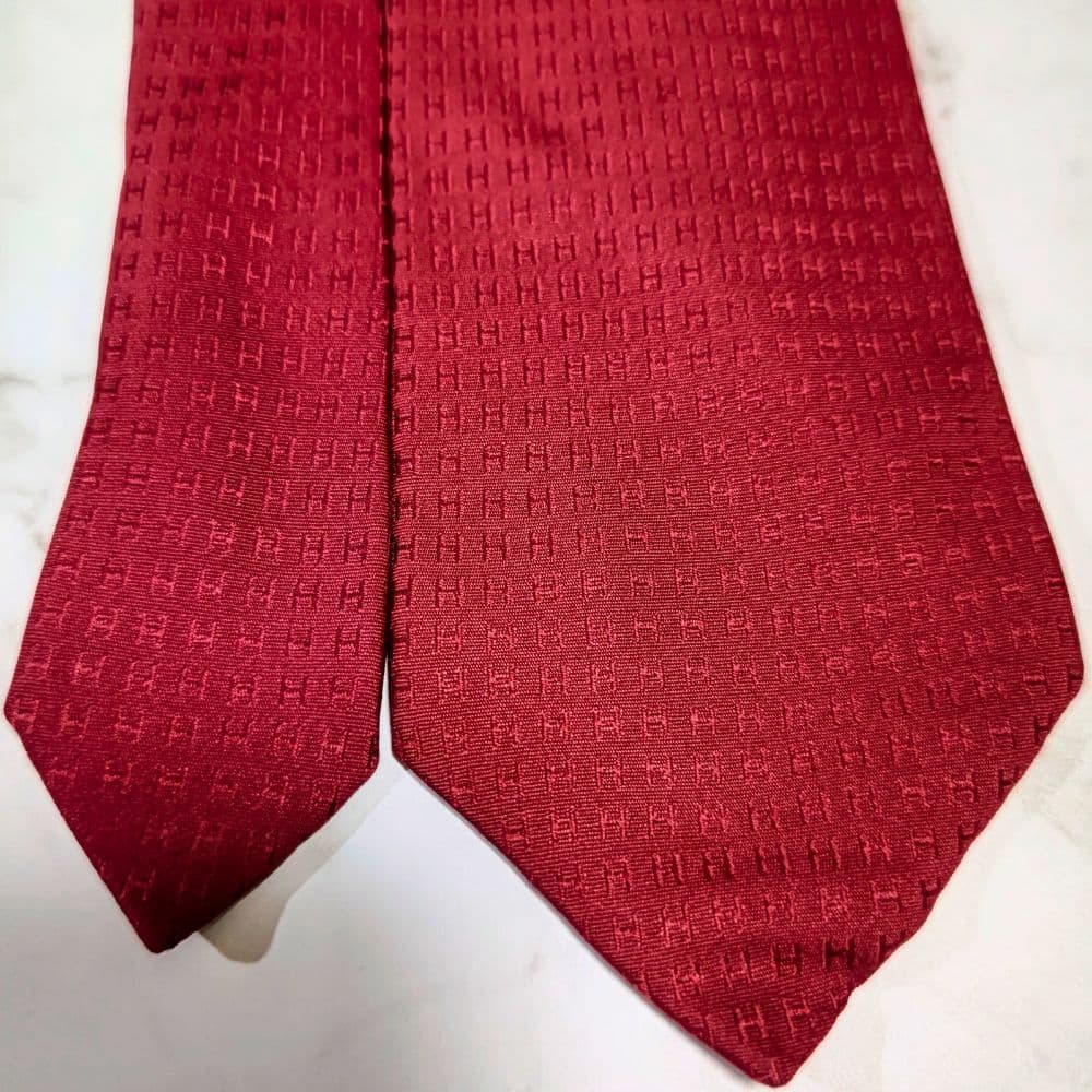 HERMES ネクタイ 赤 シルク ファソネ H柄 レッド 総柄