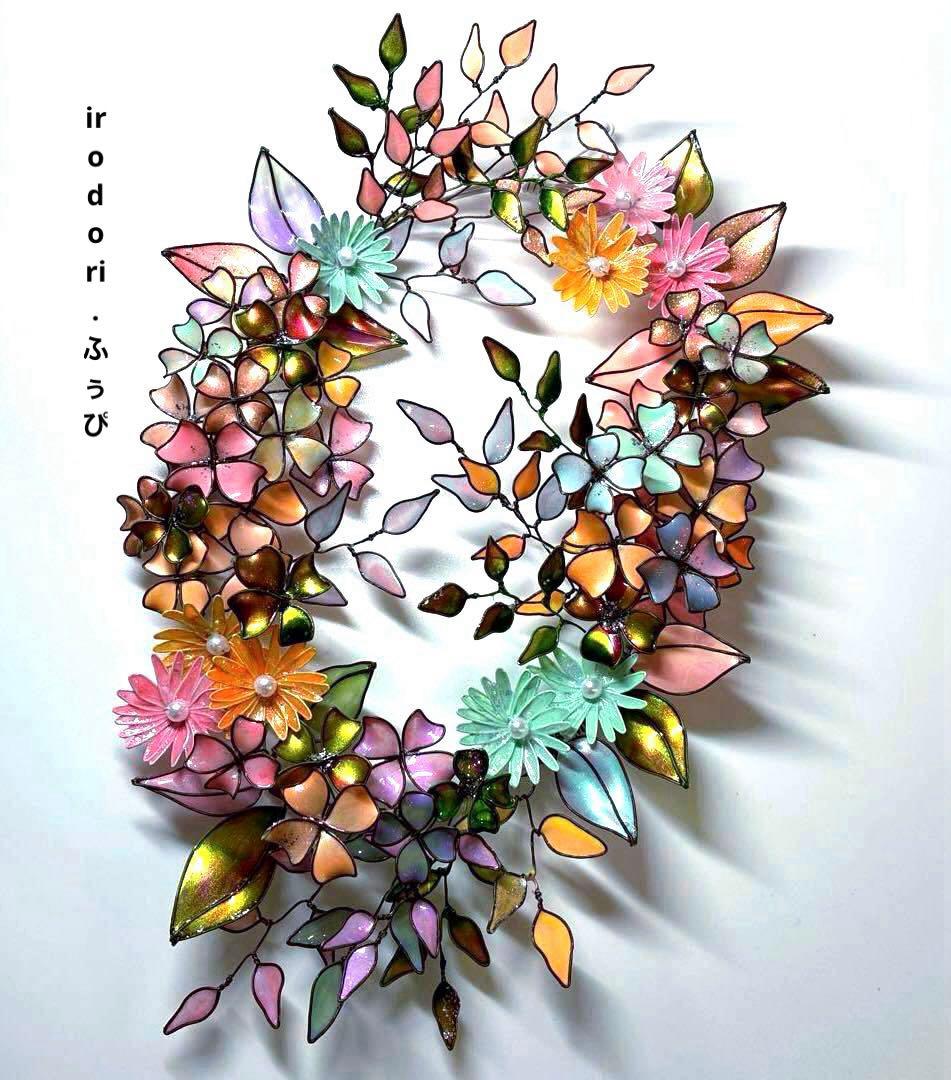 大きなオーバル型フラワーリース　ワイヤークラフト　ディップアート　壁飾り