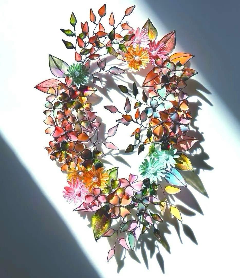 大きなオーバル型フラワーリース　ワイヤークラフト　ディップアート　壁飾り