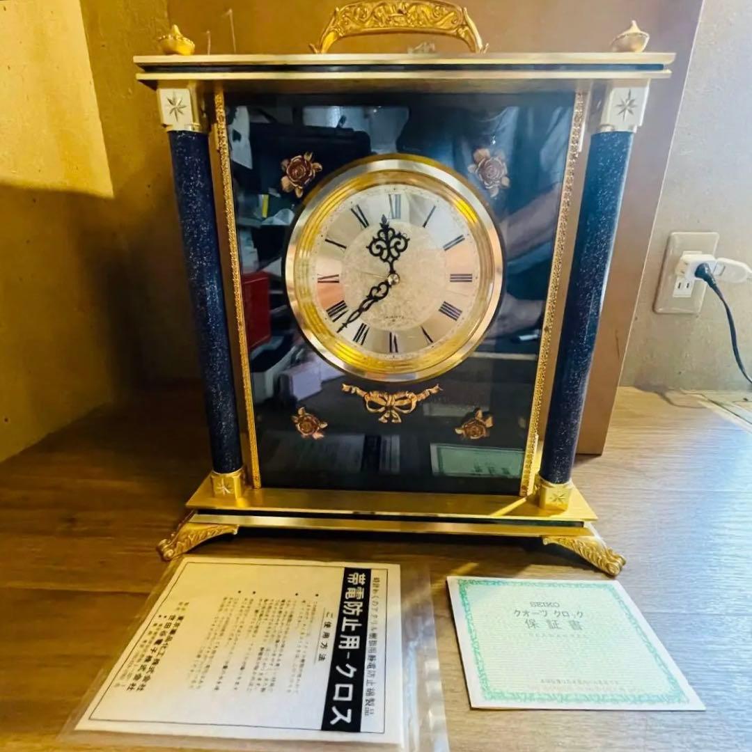 元箱付 SEIKO セイコー 置時計 QW416G ネイビー 薔薇 高級 豪華
