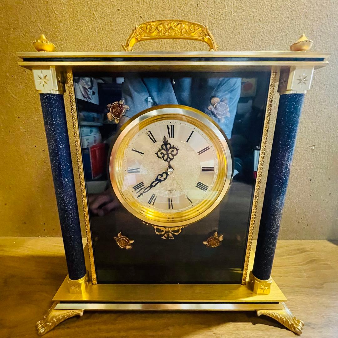 元箱付 SEIKO セイコー 置時計 QW416G ネイビー 薔薇 高級 豪華