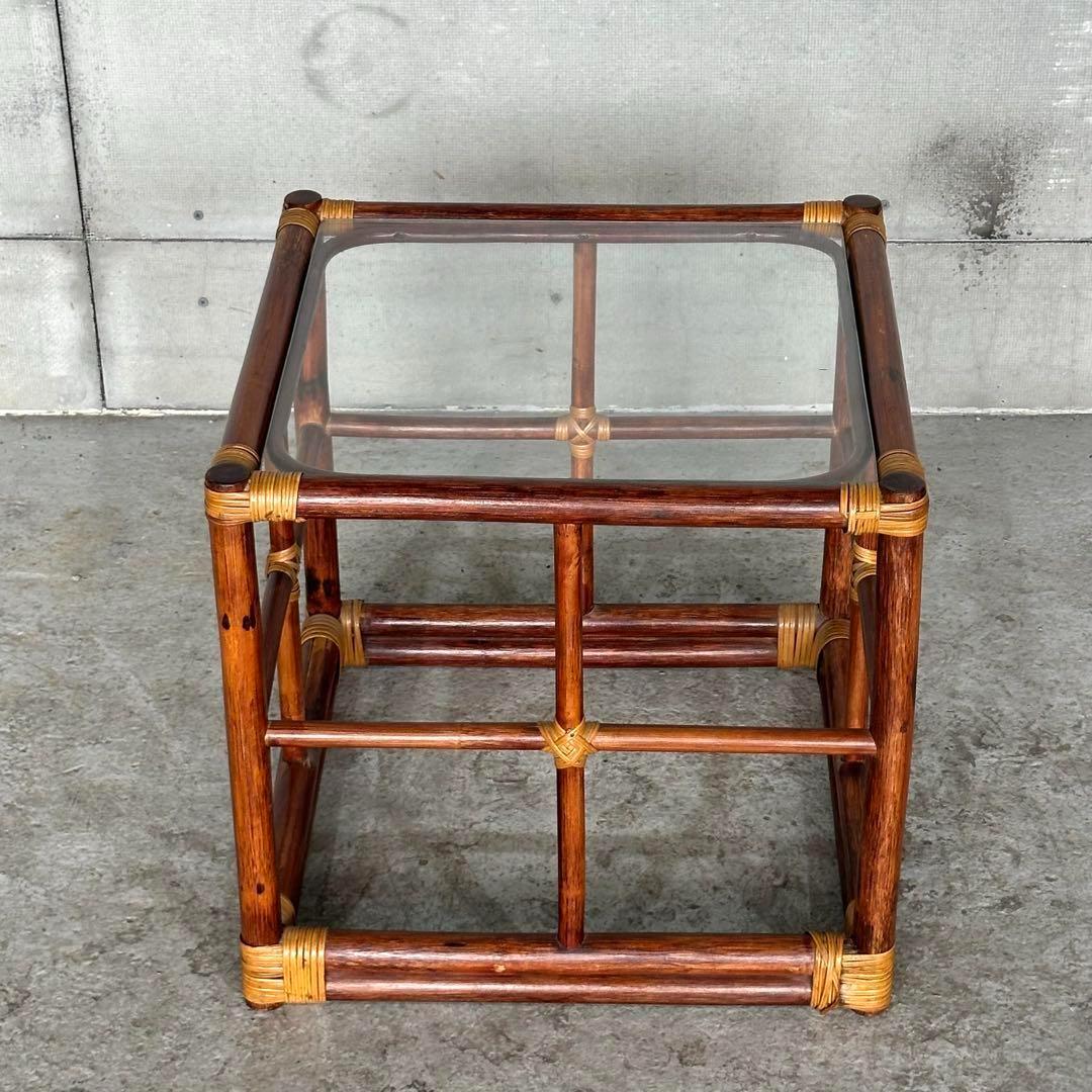 ꧁オールドラタン꧂ バリ島リゾート風 藤　ラタン× ガラス サイドテーブル
