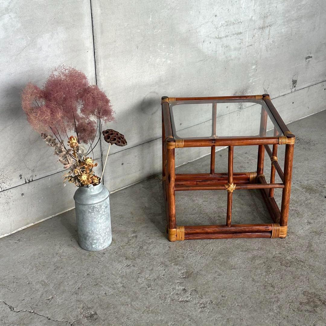 ꧁オールドラタン꧂ バリ島リゾート風 藤　ラタン× ガラス サイドテーブル
