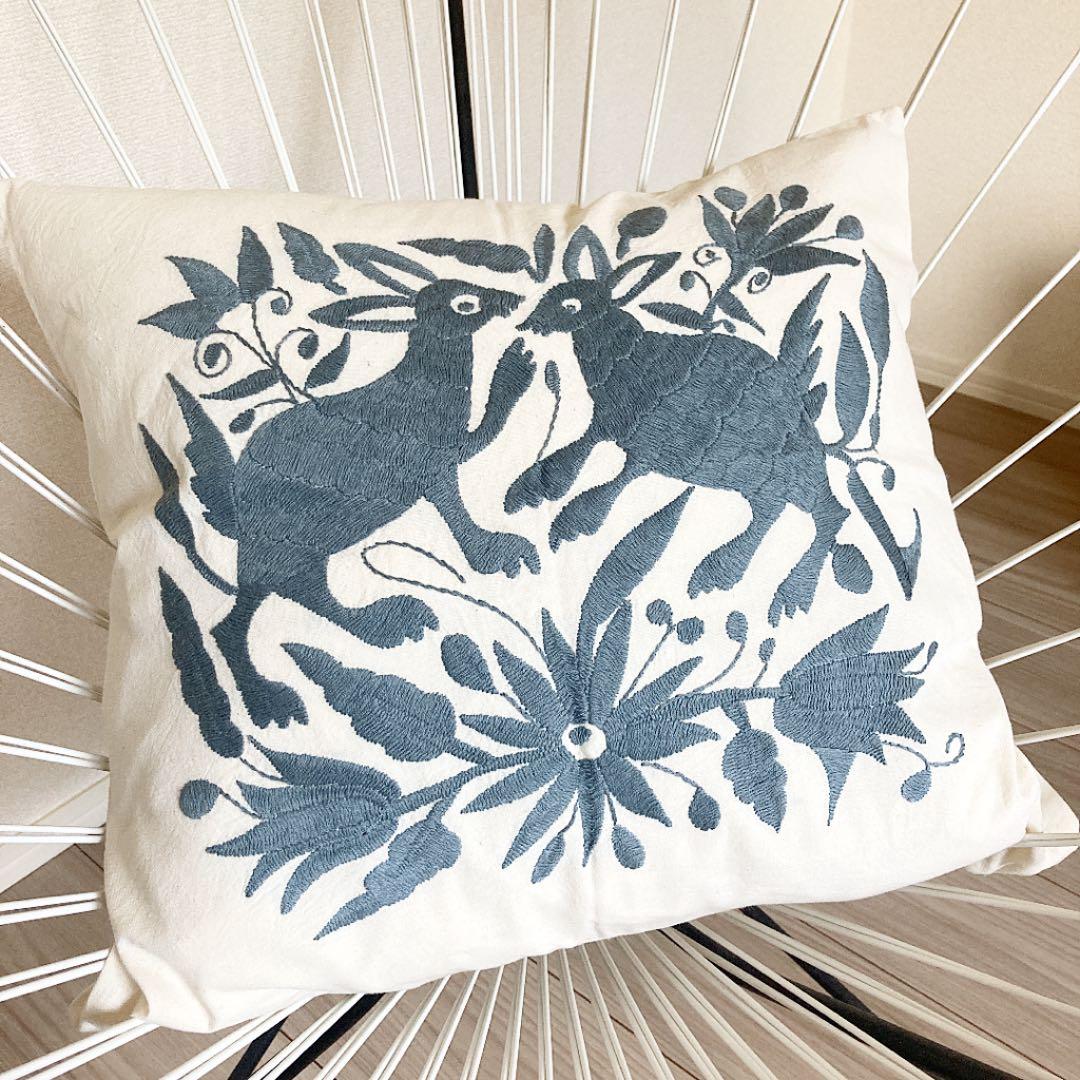新品＊クッションカバー＊オトミ刺繍＊ブルー系＊動物＊メキシコ雑貨