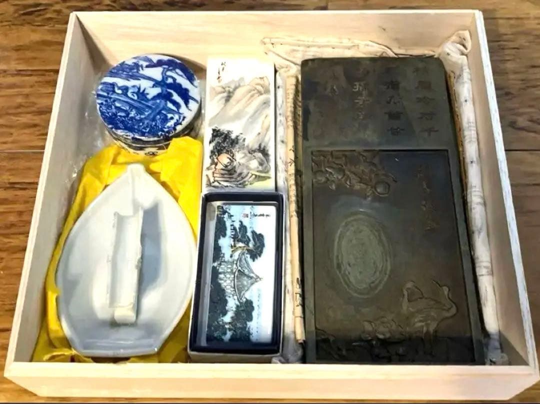 中国民国時代　政治家祭元培 使った書道具 花鳥人物老端砚筆置き 文鎮 硯