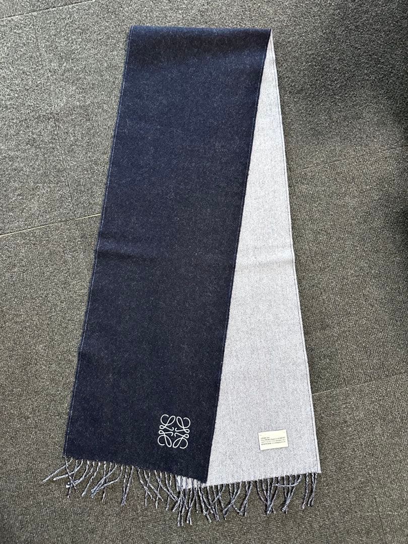 ロエベ リバーシブル ウール混合マフラー ネイビー/グレー