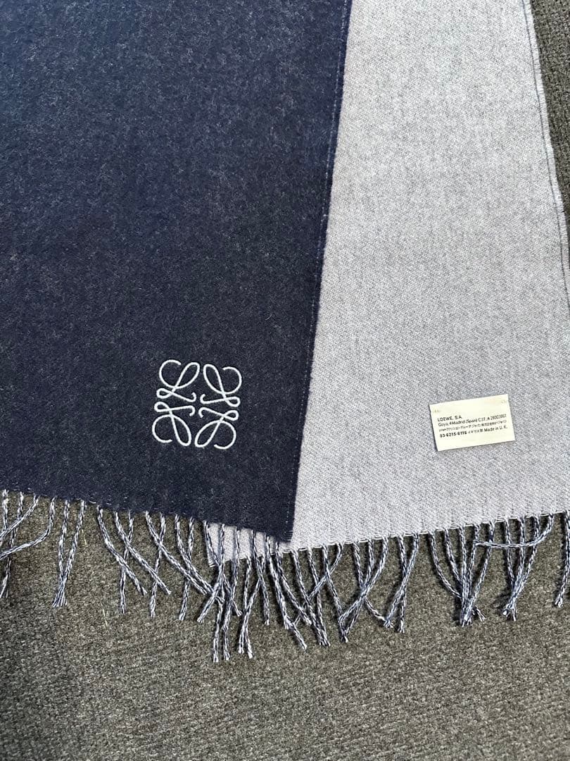 ロエベ リバーシブル ウール混合マフラー ネイビー/グレー