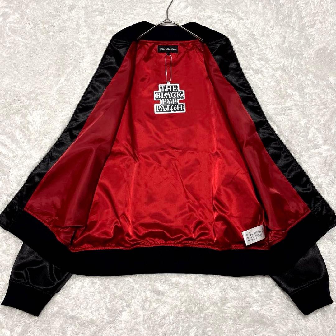 新品✨ブラックアイパッチ スカジャン ドラゴン 龍 刺繍 サテン 光沢 黒 L