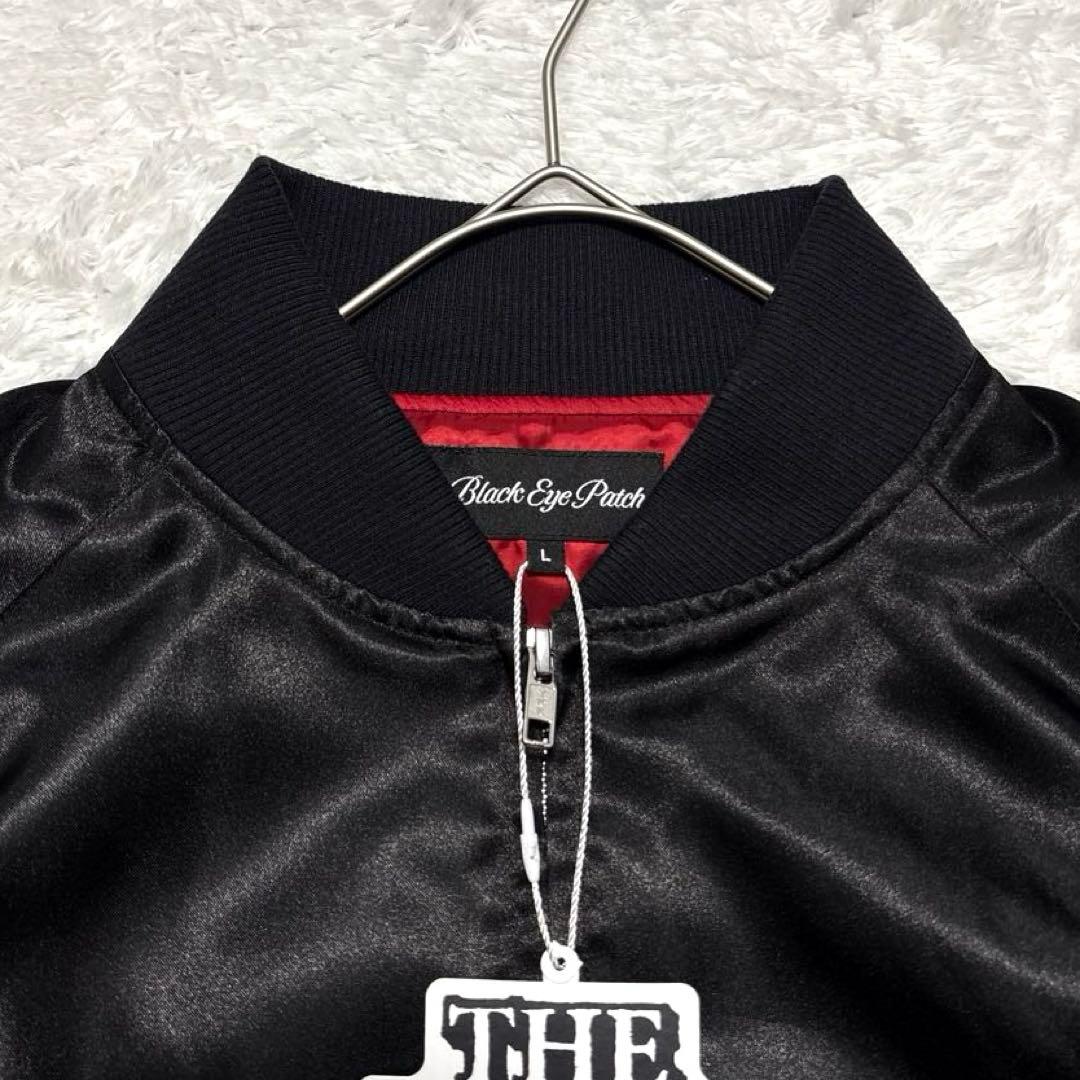 新品✨ブラックアイパッチ スカジャン ドラゴン 龍 刺繍 サテン 光沢 黒 L