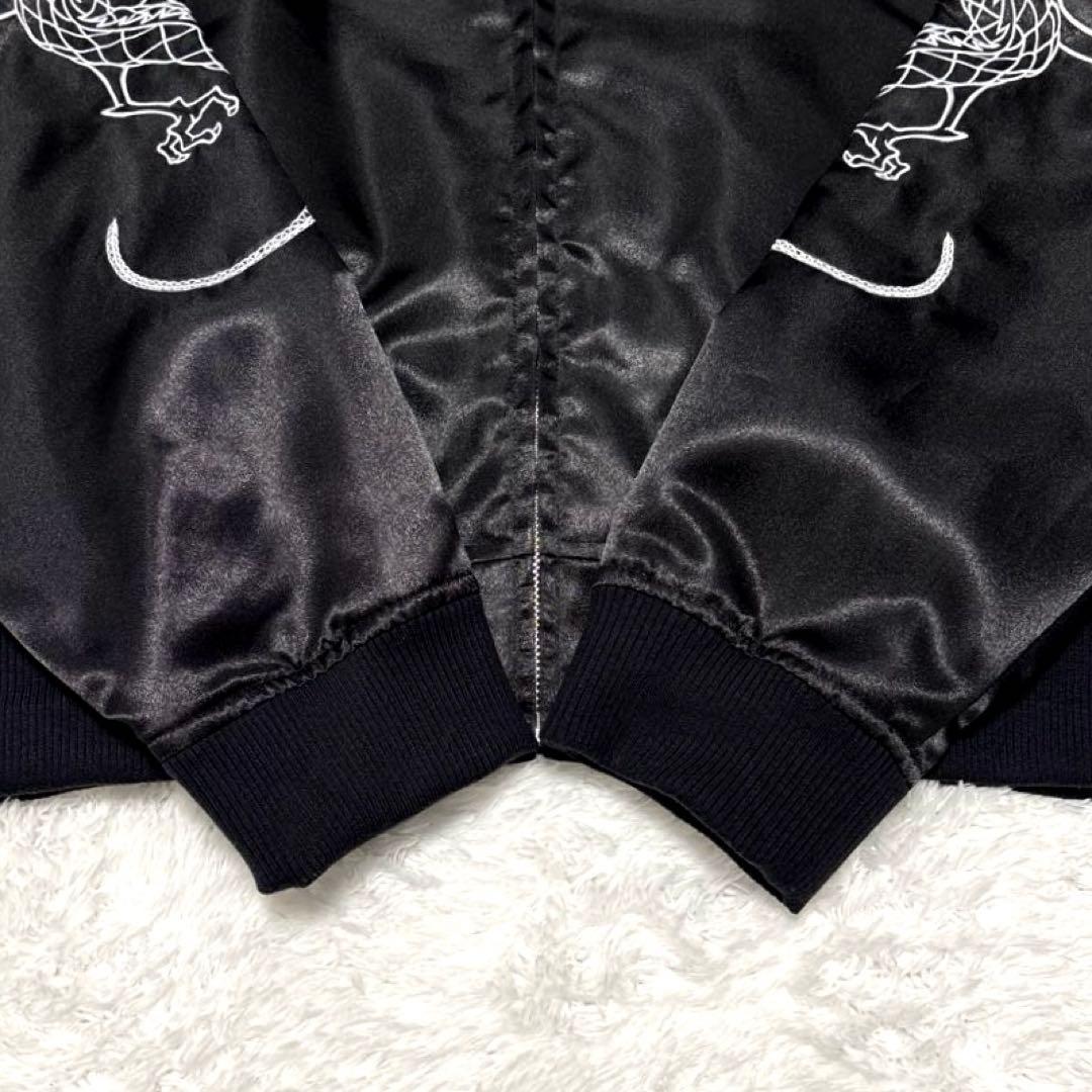 新品✨ブラックアイパッチ スカジャン ドラゴン 龍 刺繍 サテン 光沢 黒 L