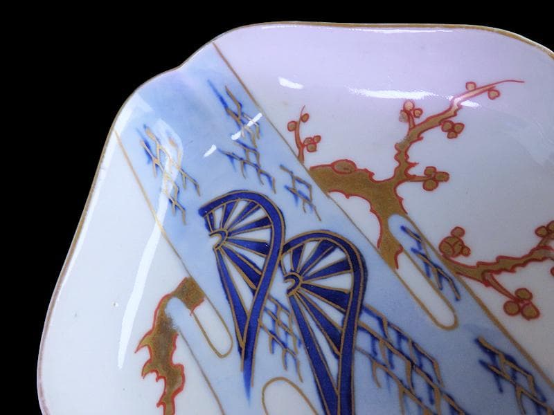 古伊万里　染錦　青海波に梅の図　菱形変形皿　５客　534AS-DBf