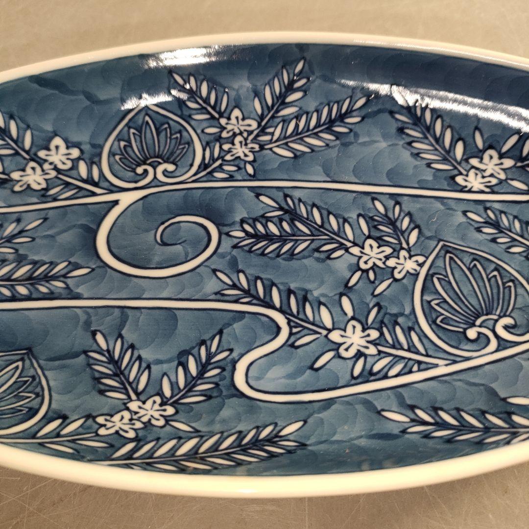 A1380-8/有田焼/源右衛門窯/染付葵流水絵舟形皿4客/共箱/飾皿/懐石道具