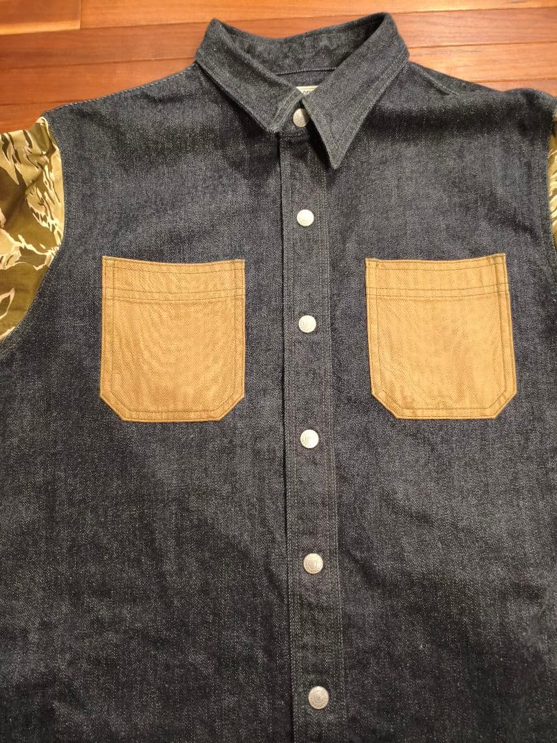 児島ジーンズ　デニム×タイガーカモ　デニムシャツ　コンボシャツ