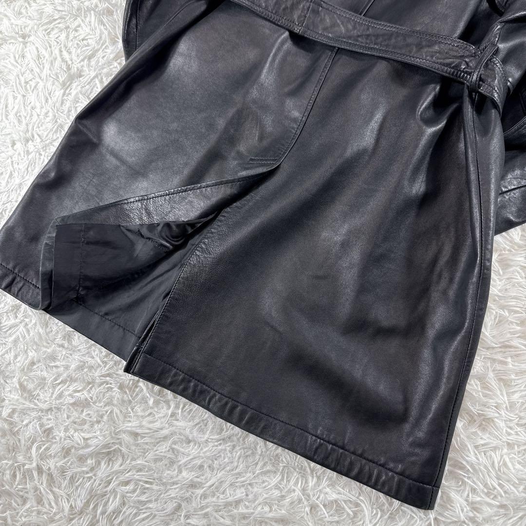 【ヴィンテージ】羊革 レザートレンチコート ダブル ベルト付き ブラック