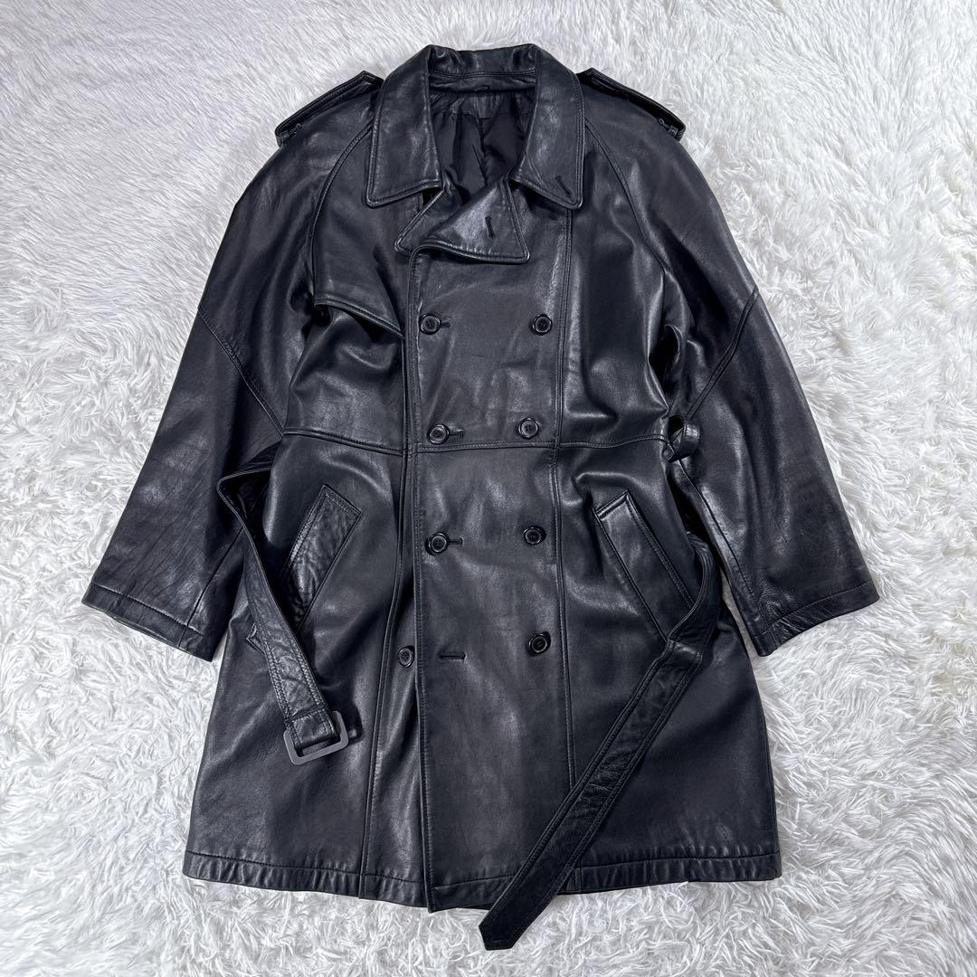 【ヴィンテージ】羊革 レザートレンチコート ダブル ベルト付き ブラック