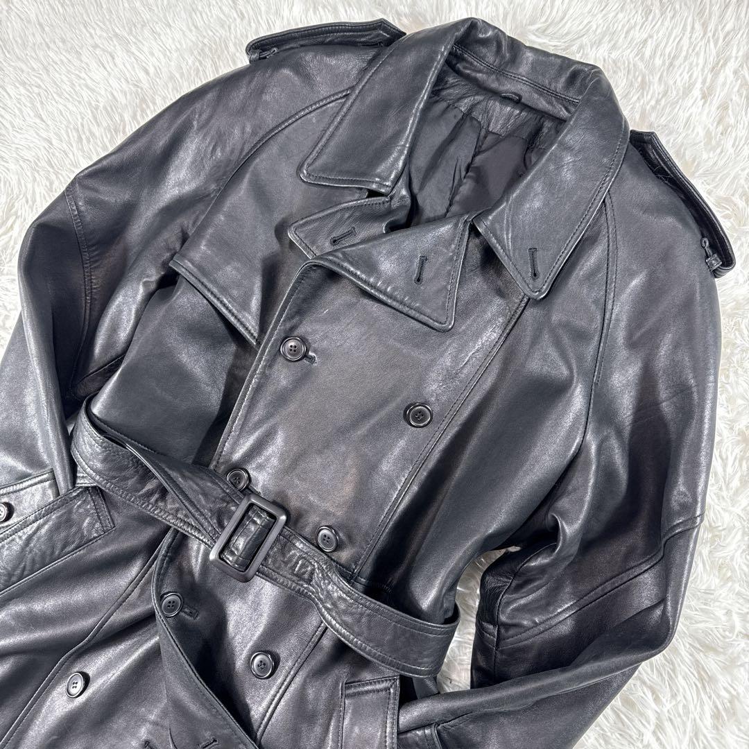 【ヴィンテージ】羊革 レザートレンチコート ダブル ベルト付き ブラック