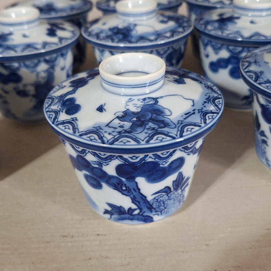 有田焼　鍋島焼　華山　茶碗蒸し椀　陶器　藍色染　付三人唐子柄　ヴィンテージ