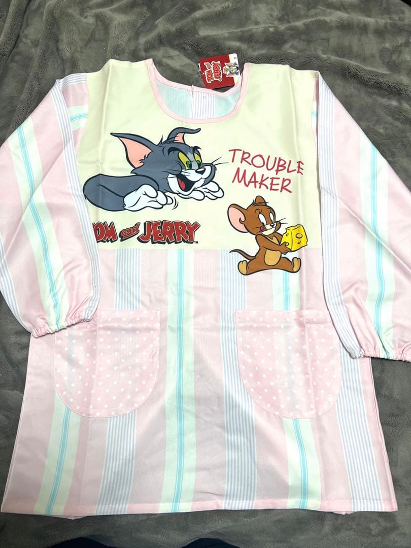 トムとジェリー　かっぽう着　ピンク　エプロン　保育士エプロン　MLサイズ