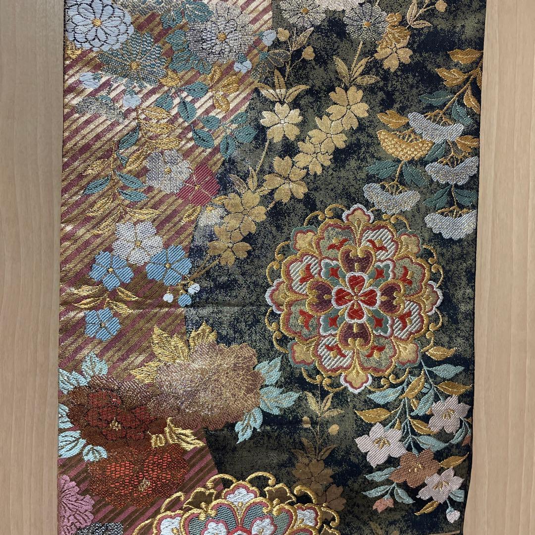 全通袋帯　華やか 袋帯 全通柄 正絹 リバーシブル 金糸