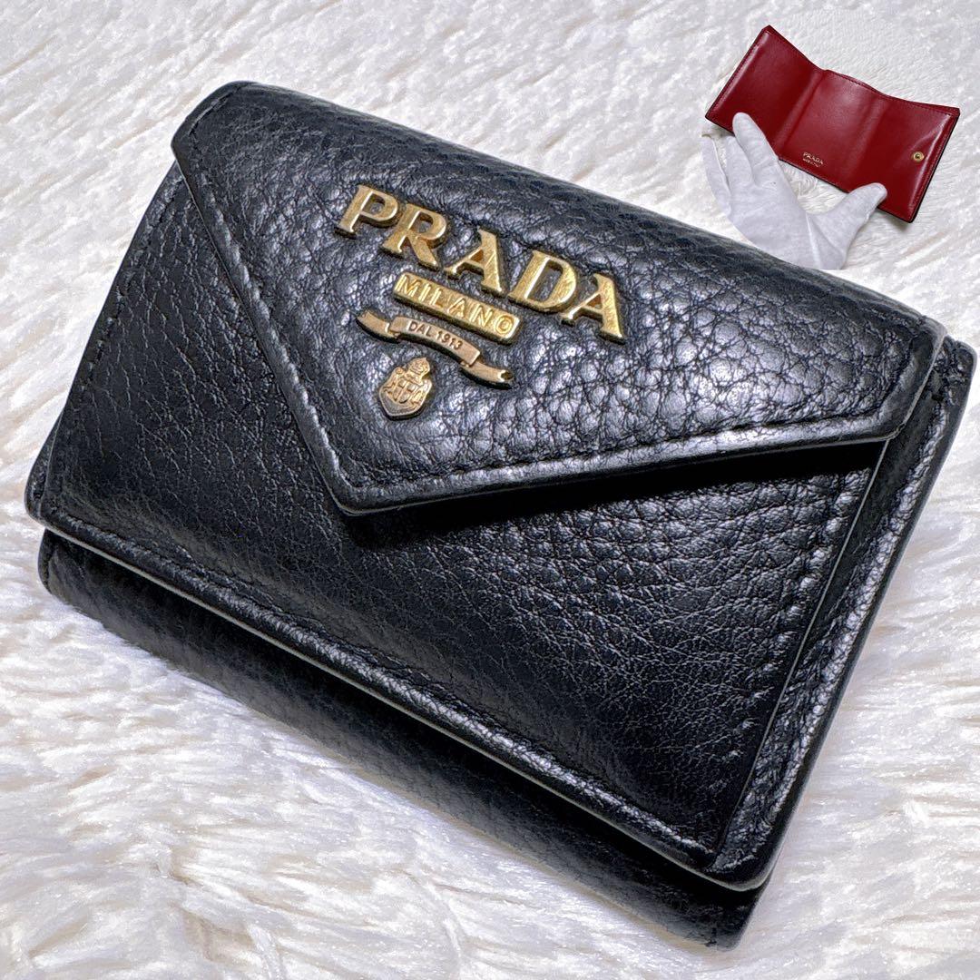 ♡美品♡PRADA プラダ 三つ折り財布 レター バイカラー ブラック レッド