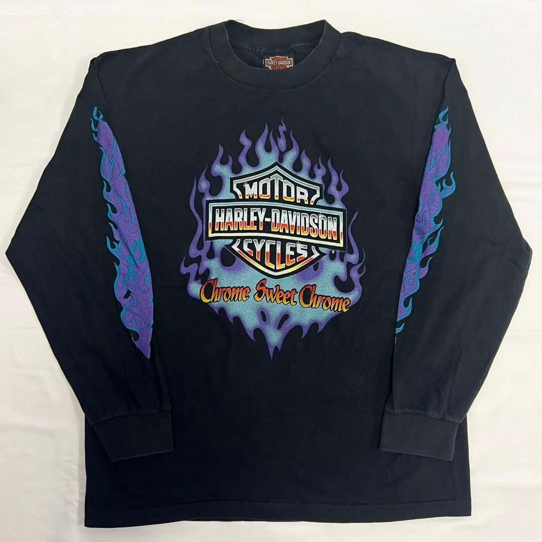 USA製 ハーレーダビッドソン ブルーフレイム 長袖 ロンT ブラック L