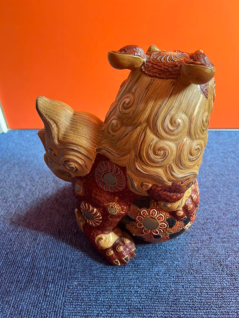 961 九谷焼 　色絵金彩獅子　玉乗唐唐獅子狛犬シーサー 魔除け　置物