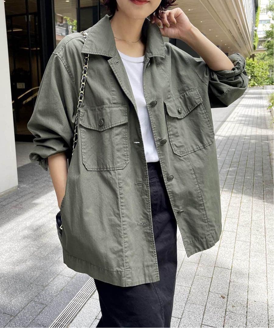 スピック＆スパン　リップストップミリタリーシャツブルゾン　カーキ　ベイクルーズ