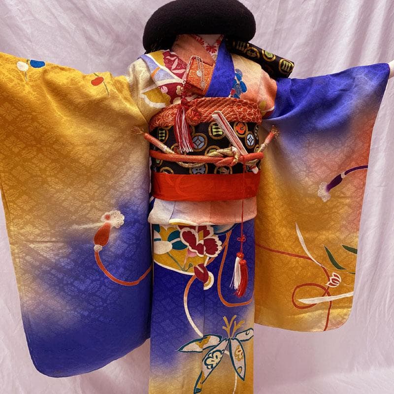 508ag51◎七五三 七歳 女児 アンティーク着物&開き帯&長襦袢 瑠璃色◎