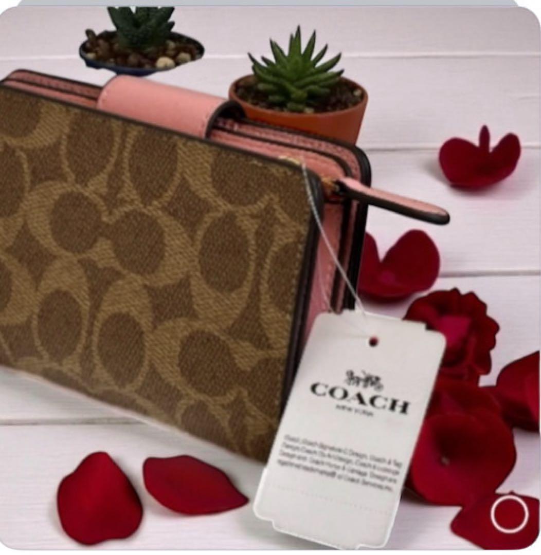 COACH 二つ折り財布ブラウン/ピンク新品
