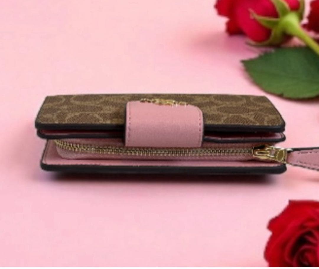 COACH 二つ折り財布ブラウン/ピンク新品