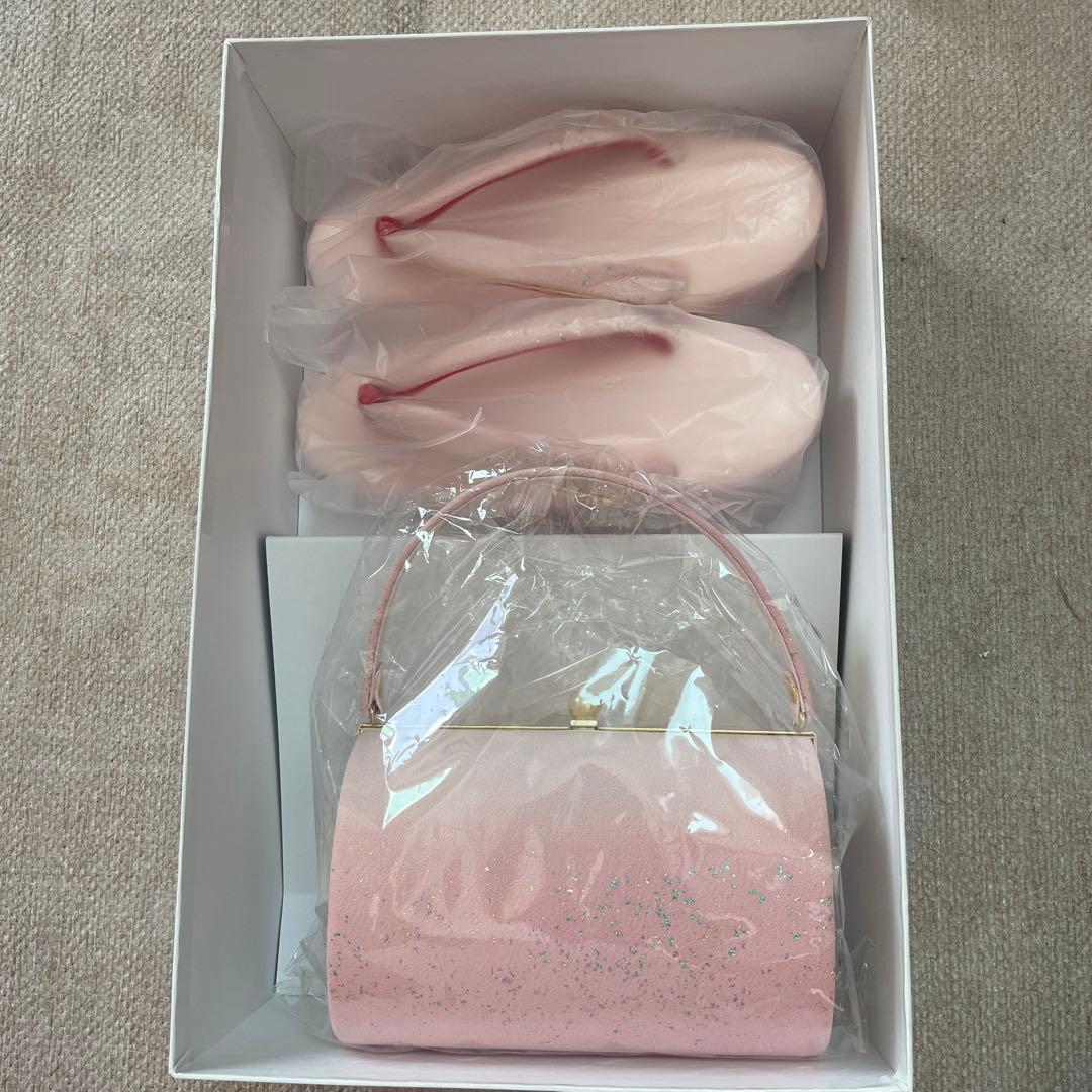 七五三用縮緬金箔チラシバッグ、草履セット