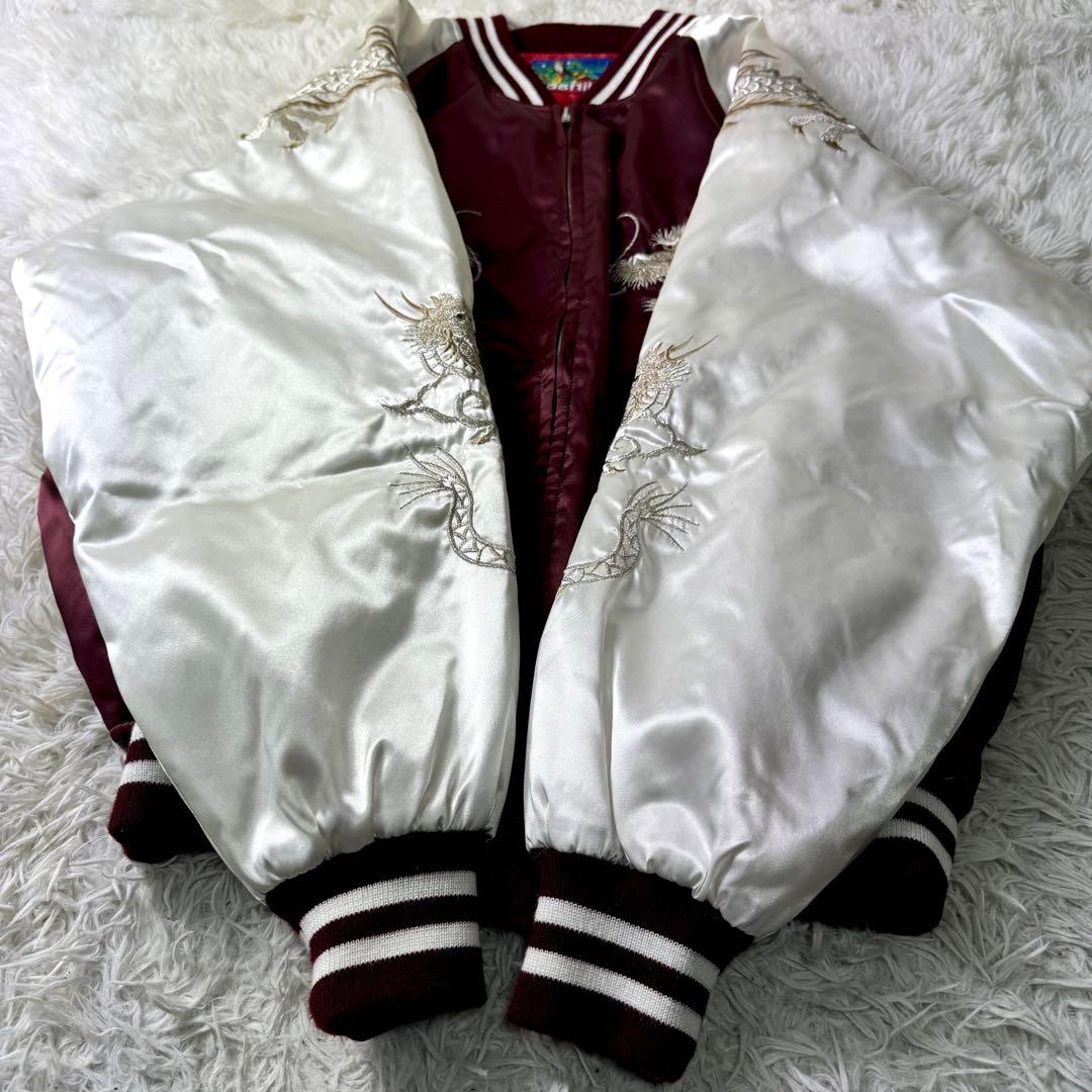 極美品/3 Lサイズ✨ホシヒメ　スカジャン　龍　刺繍　エンジ×ホワイト